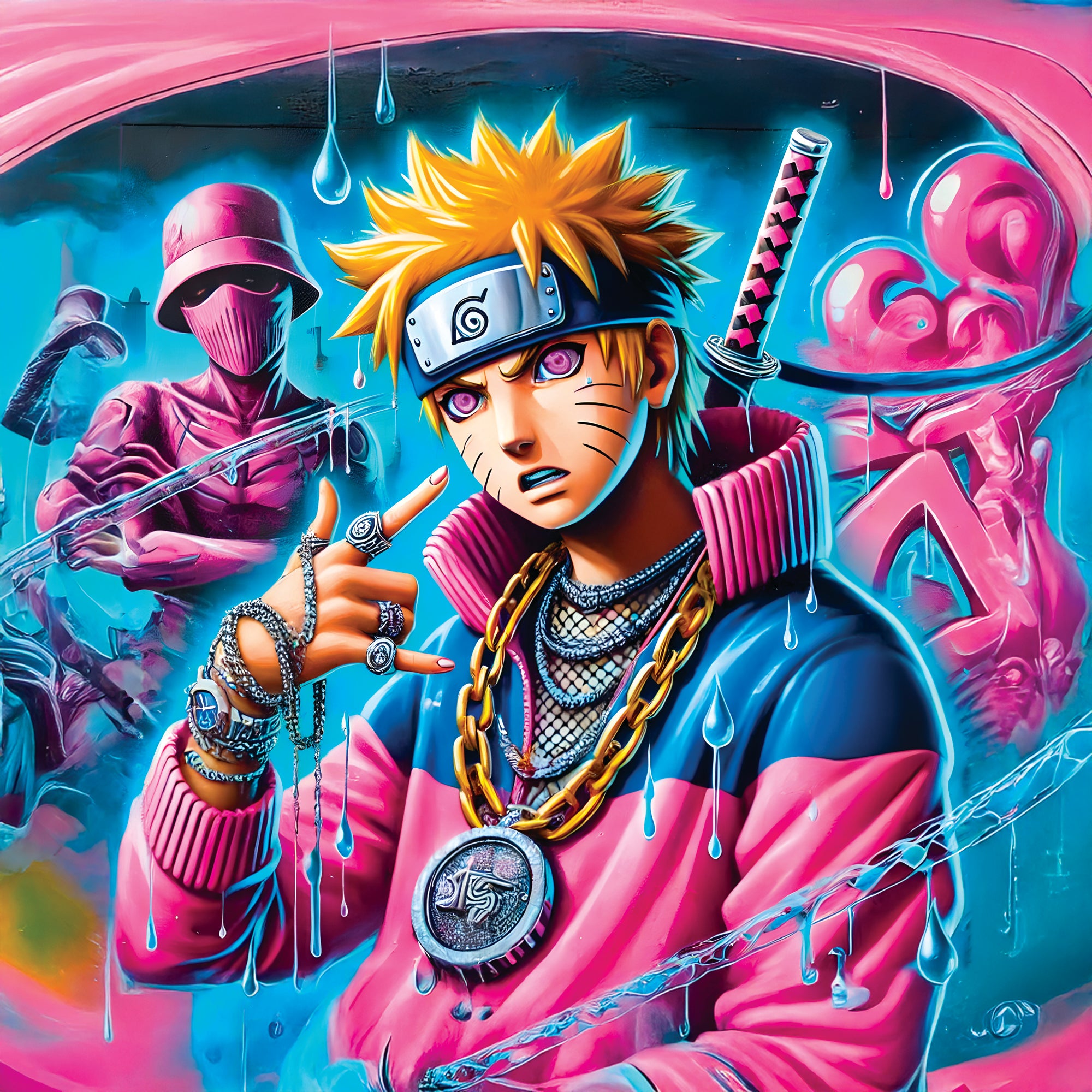 Pittura Naruto rosa e blu - Decorazione murale di design moderno