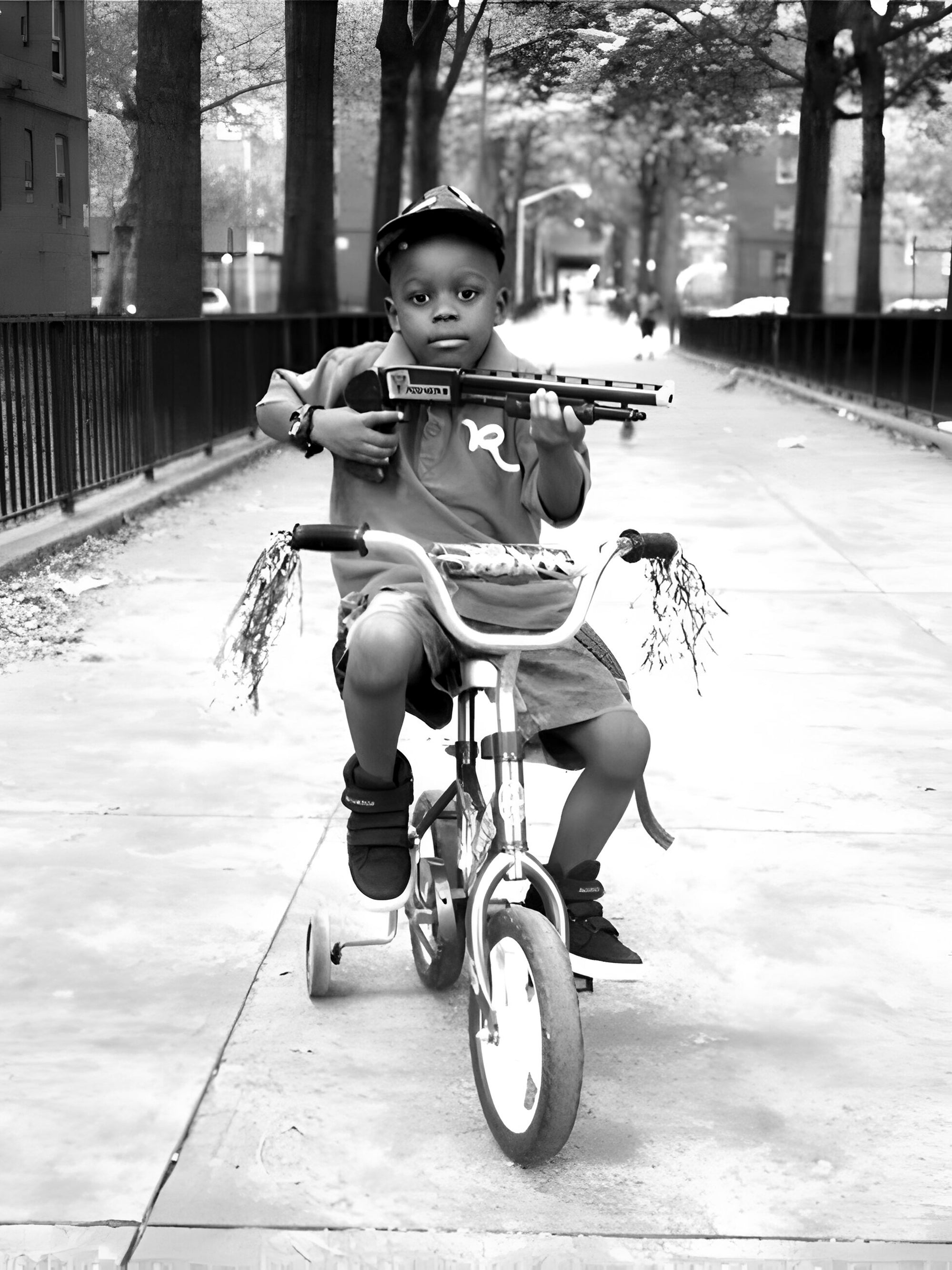 Tableau Vintage - Enfant à Vélo avec Mitraillette