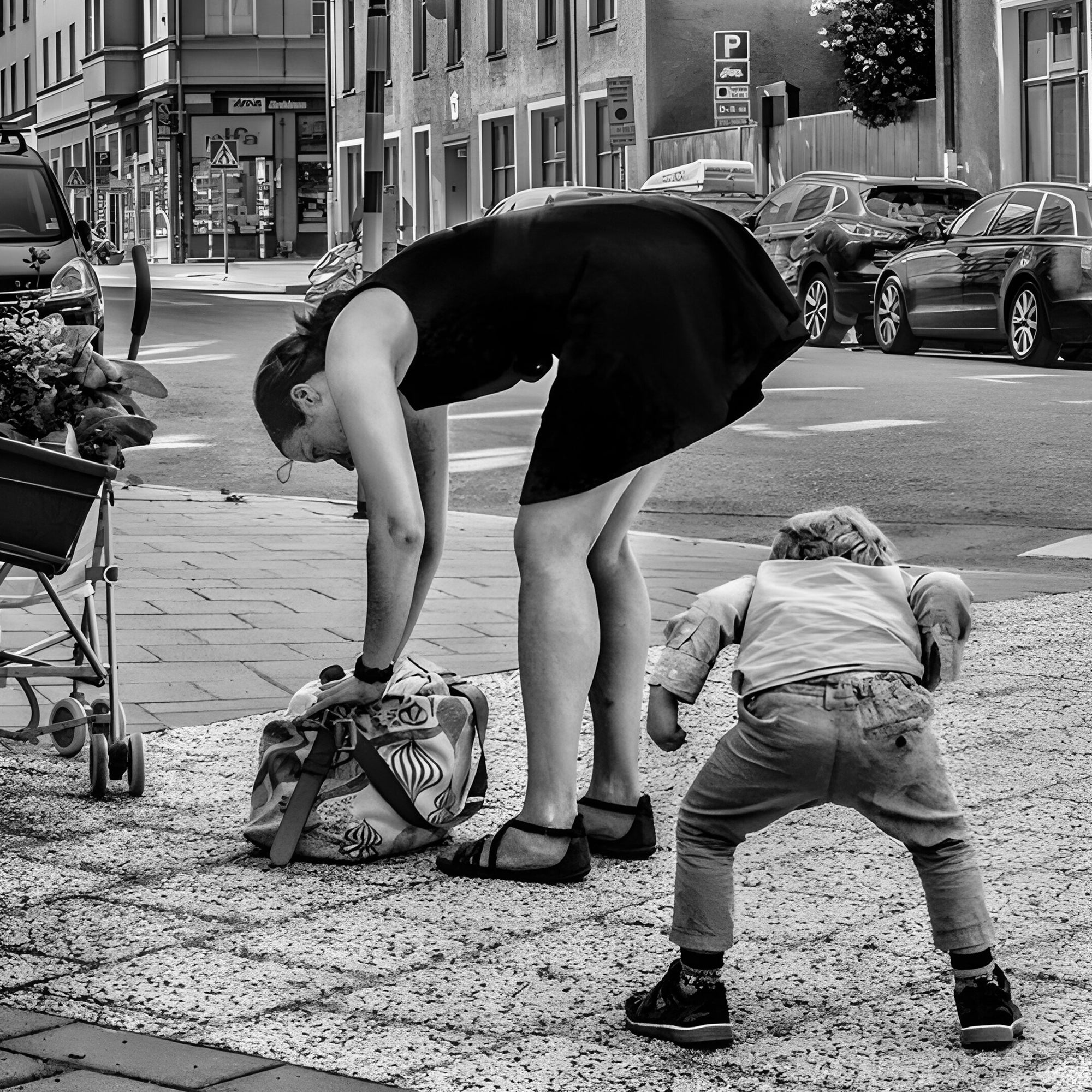 Tableau Vintage - Scène de Rue avec Enfant et Mère