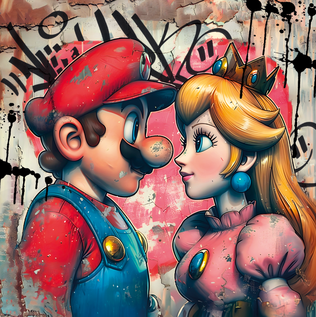 Tableau Mario et Princesse Peach Graffiti - Décoration Murale Romantique - Fabulartz.fr 