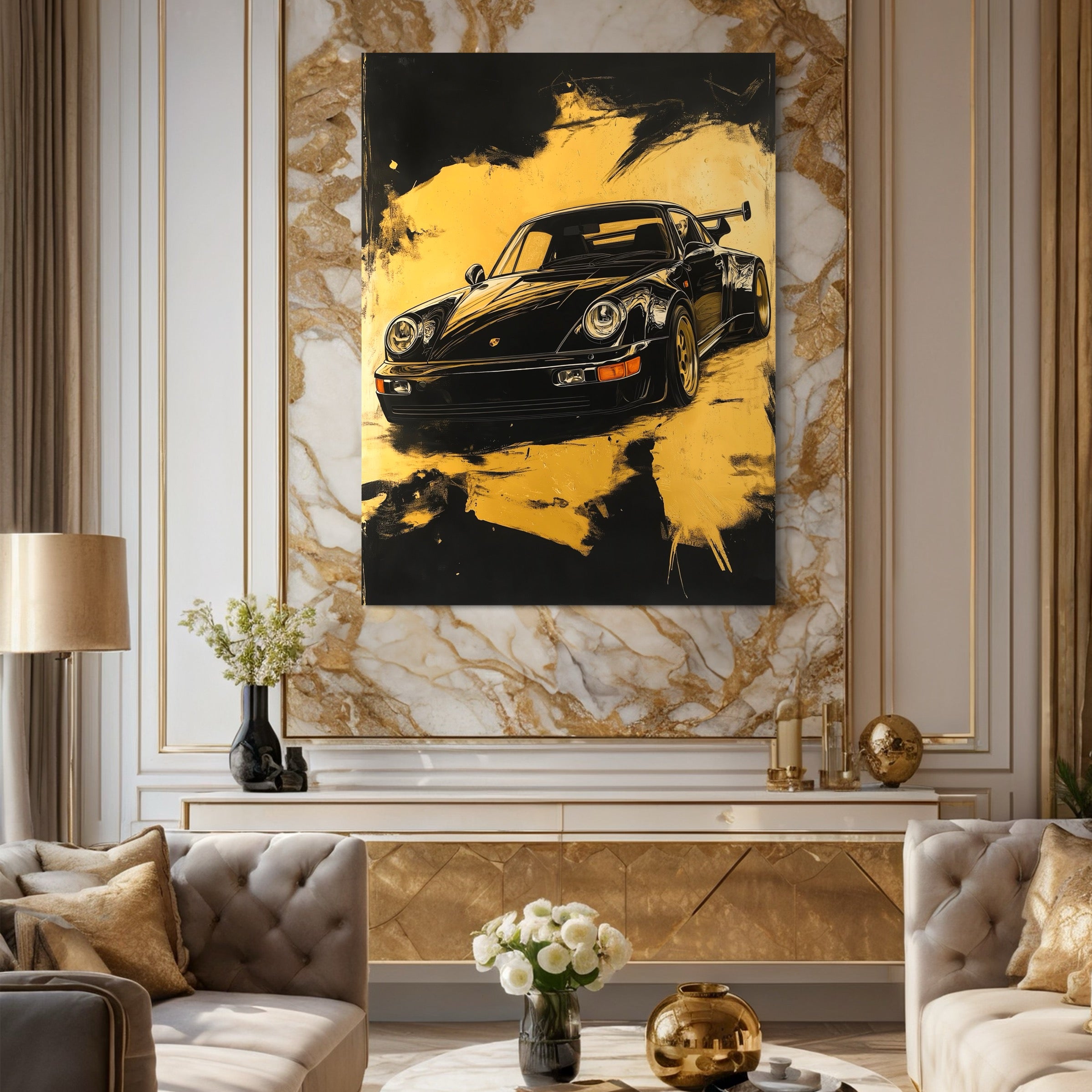 Tableau Porsche Dorée en Mouvement – Décoration Murale Design - Fabulartz.fr 