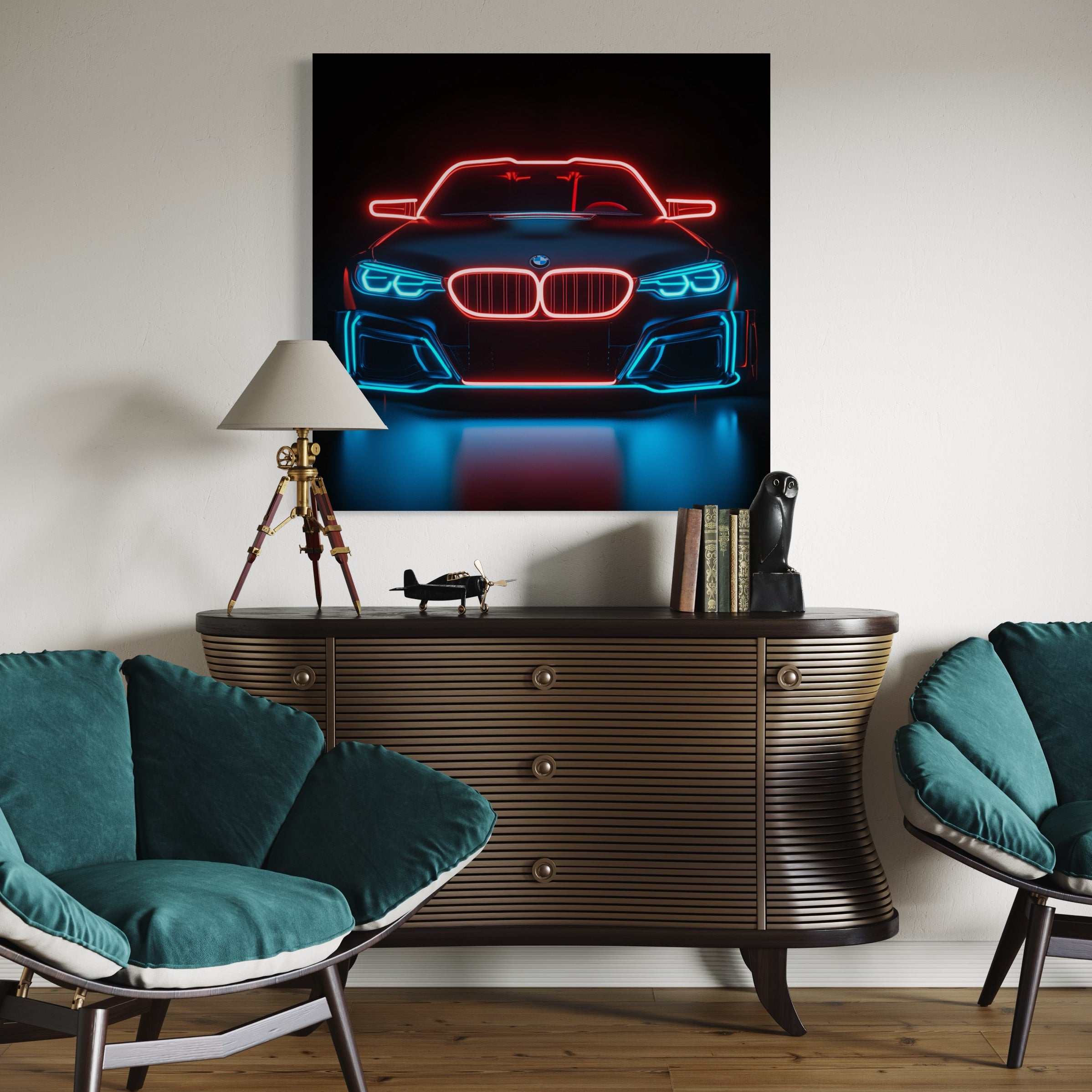 Tableau BMW Néon Rouge Bleu - Cadre Mural Design Moderne