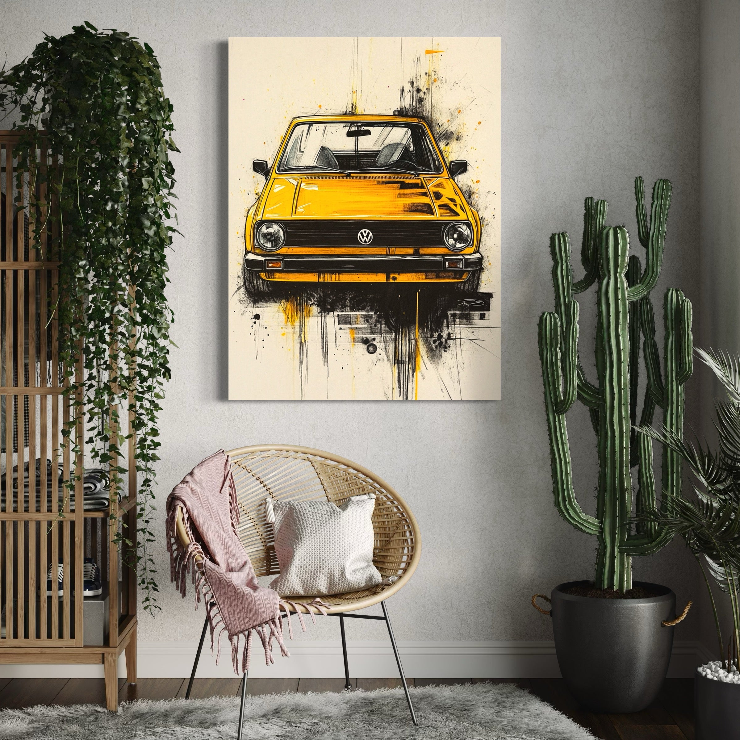 Tableau Volkswagen Golf Jaune - Cadre Mural Moderne - Fabulartz.fr 