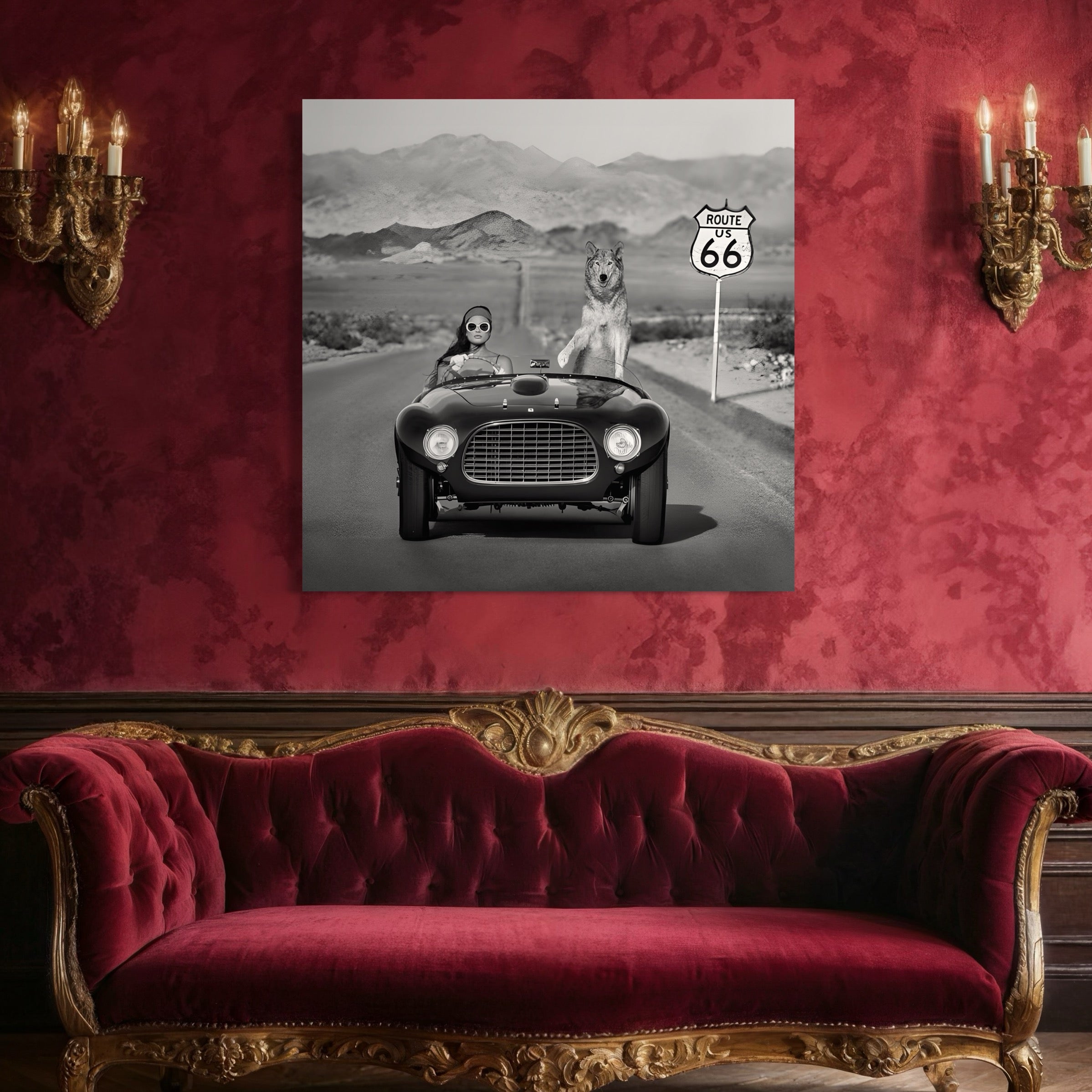 Tableau Vintage - Femme Conduisant sur la Route 66