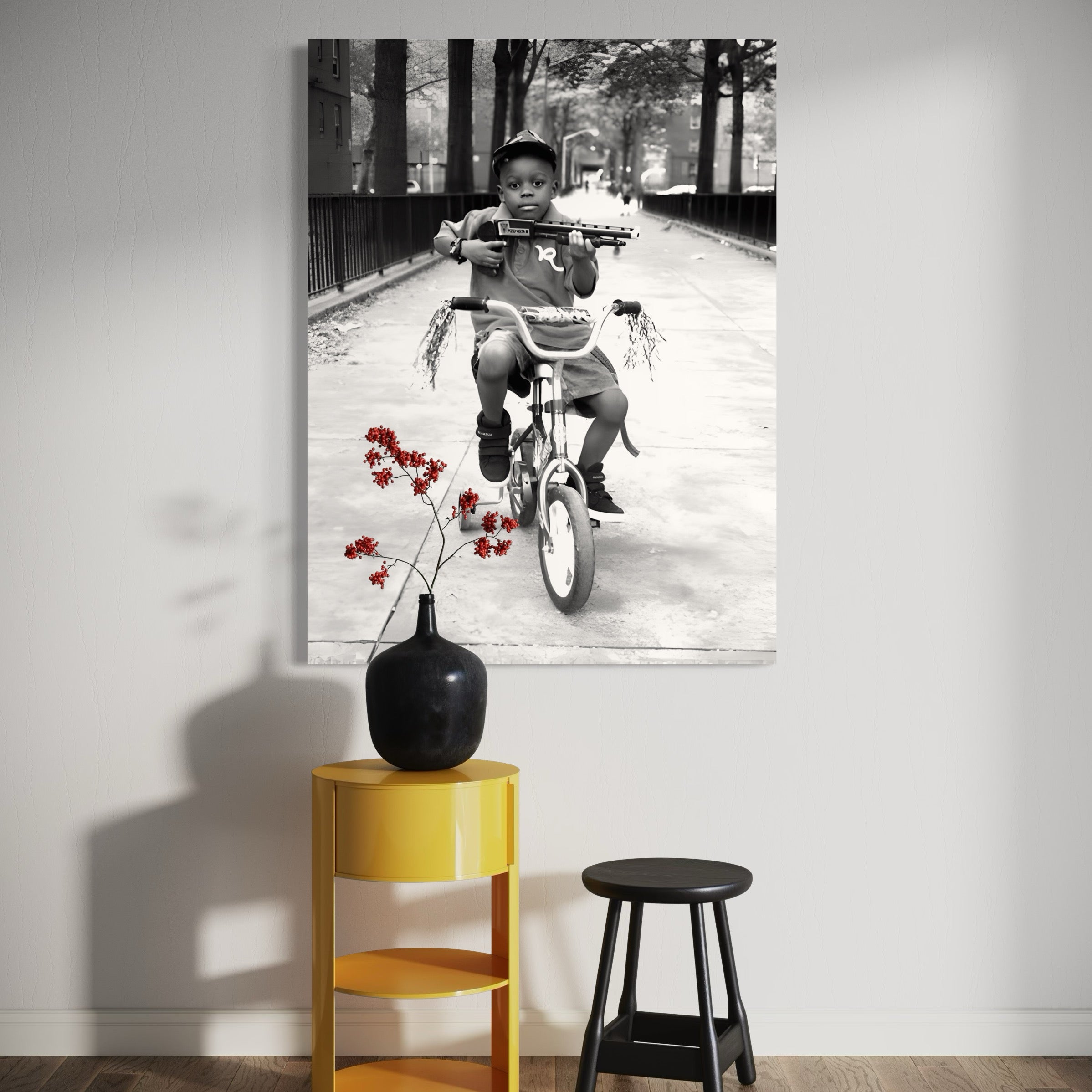 Tableau Vintage - Enfant à Vélo avec Mitraillette