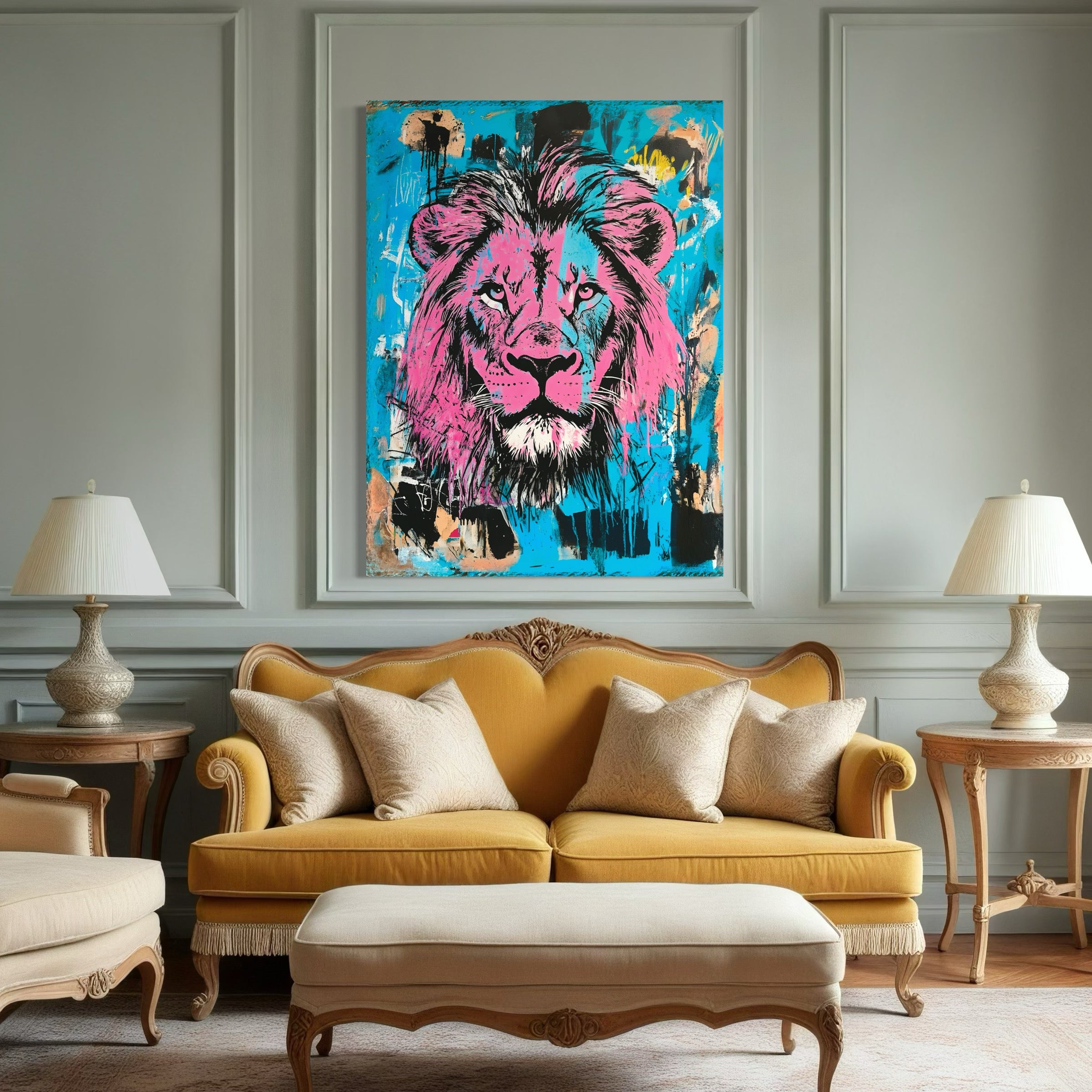 Tableau Lion Rose Et Bleu - Design wall decor