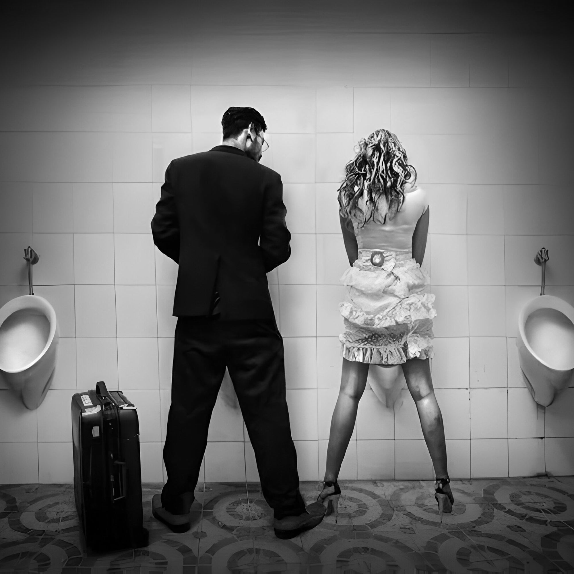 Tableau Vintage - Femme et Homme dans Toilettes Publiques