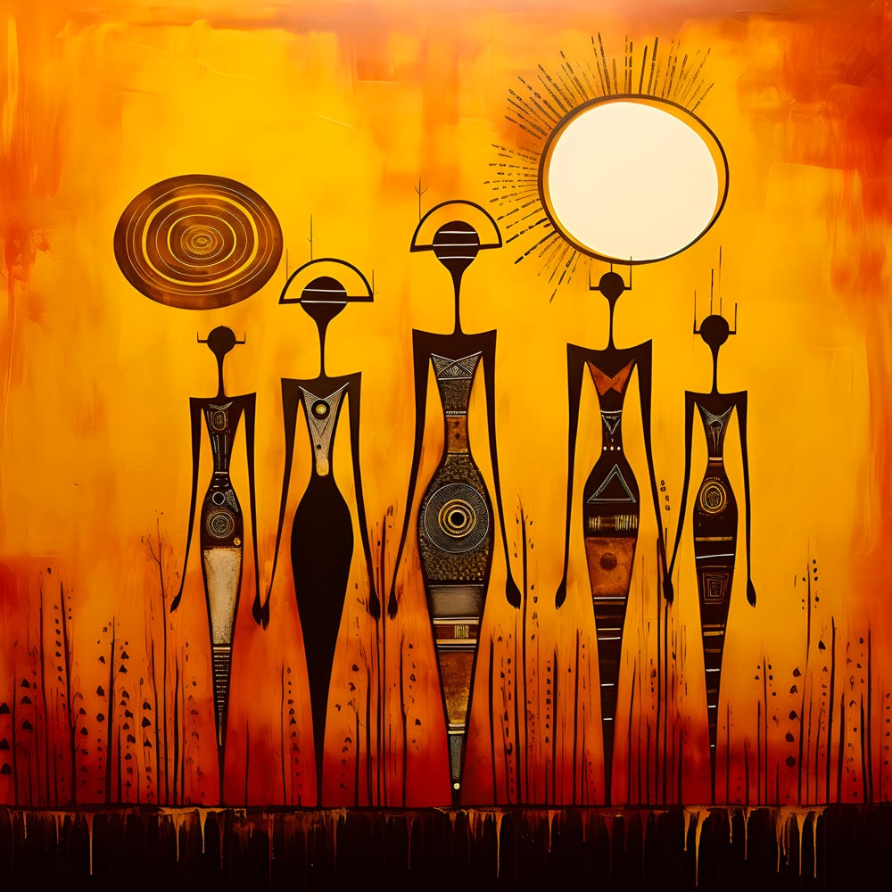 Tableau Africain Abstrait – Silhouettes et Soleil d'Or - Fabulartz.fr 